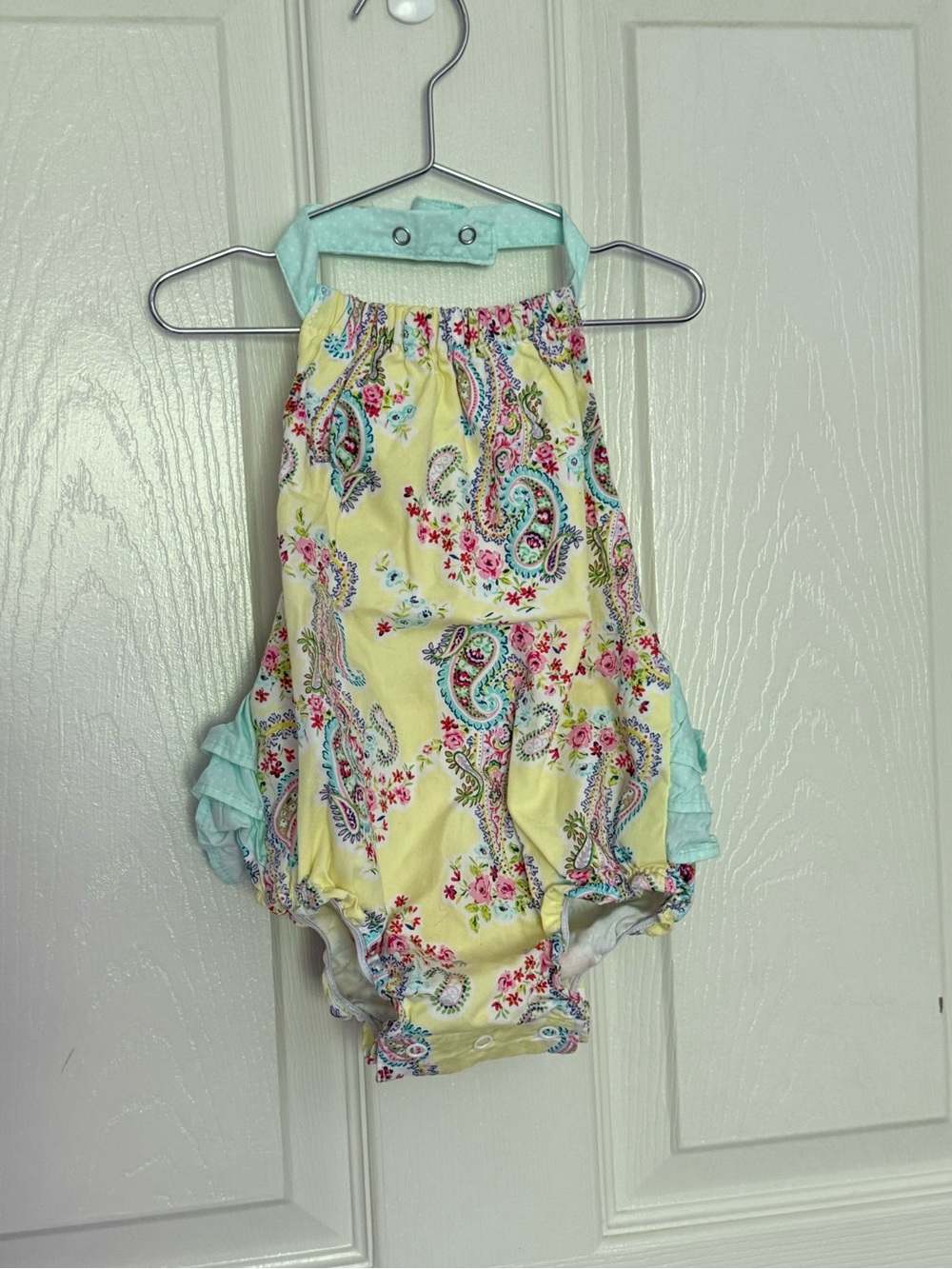Yellow Paisley Ruffle One-Piece with Light Blue Trim